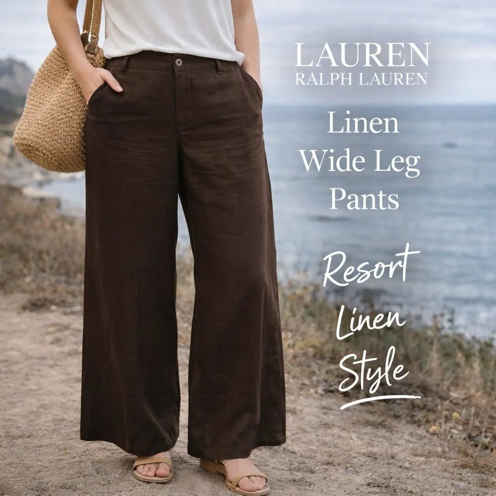 Lauren Ralph Lauren Linen Wide Leg Pants Brown Flat Front Trouser Women 12 - Picture 1 of 8